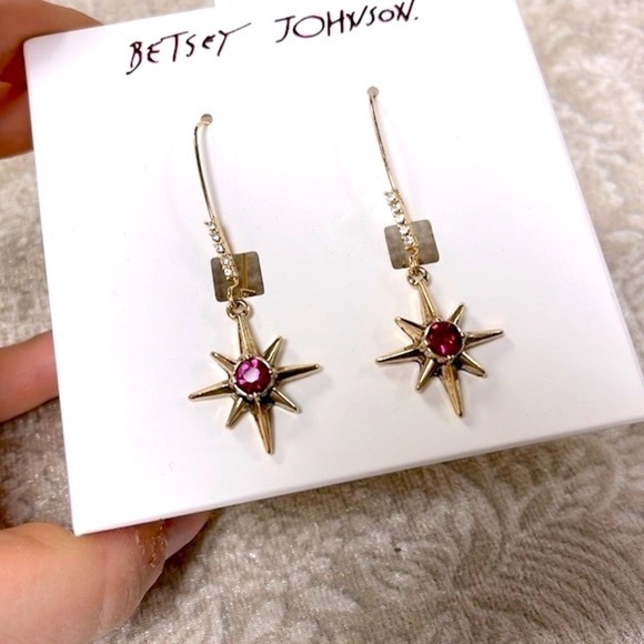 Brand New Betsey Johnson Gold Tone Celestial Star Pink Stone Drop Earrings - Picture 6 of 15